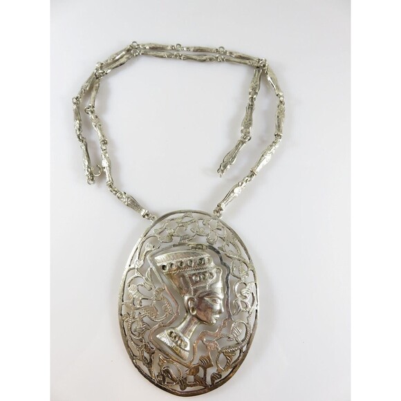 Egyptian Revival Silver Nefertiti Pendant Sarcophagus Necklace Large 3.5" Repair - Picture 3 of 16